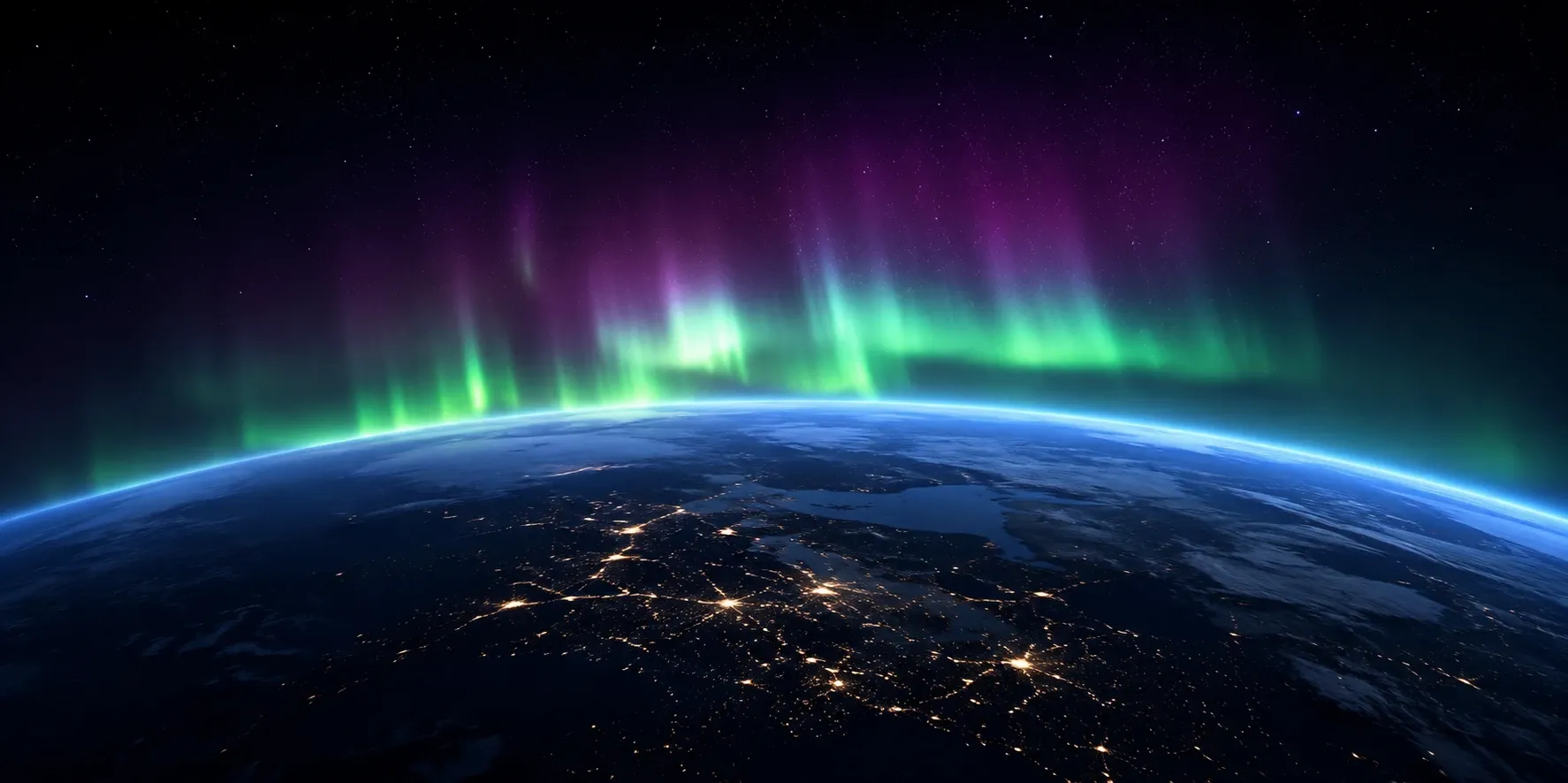 Aurore boréale vue depuis l’orbite terrestre, au-dessus de l’Europe de nuit